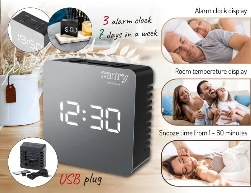 Orë alarmi Adler CR 1150, ekran LED, datë dhe temperaturë, 3 mënyra alarmi, USB + 3x AAA, e zezë