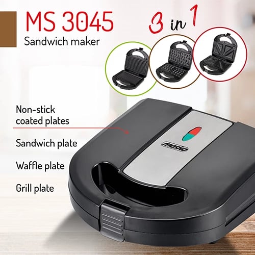 Aparat sandviçi/grilli/wafflesh 3‑në‑1, Mesko, MS 3045, 750–1000W, pllaka të këmbyeshme, zezë‑argjend
