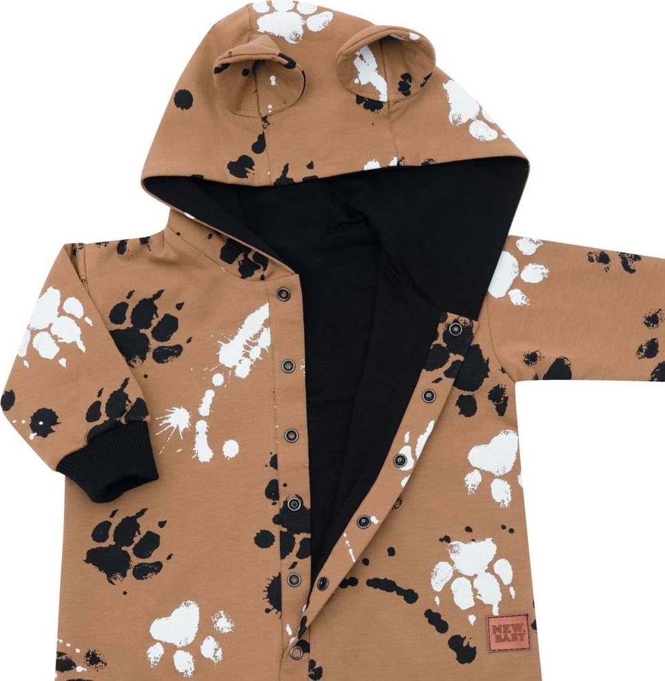 Kombinezon bebe pambuku me kapuç me veshë, New Baby Paw, madhësi 56 (0-3m), mustard