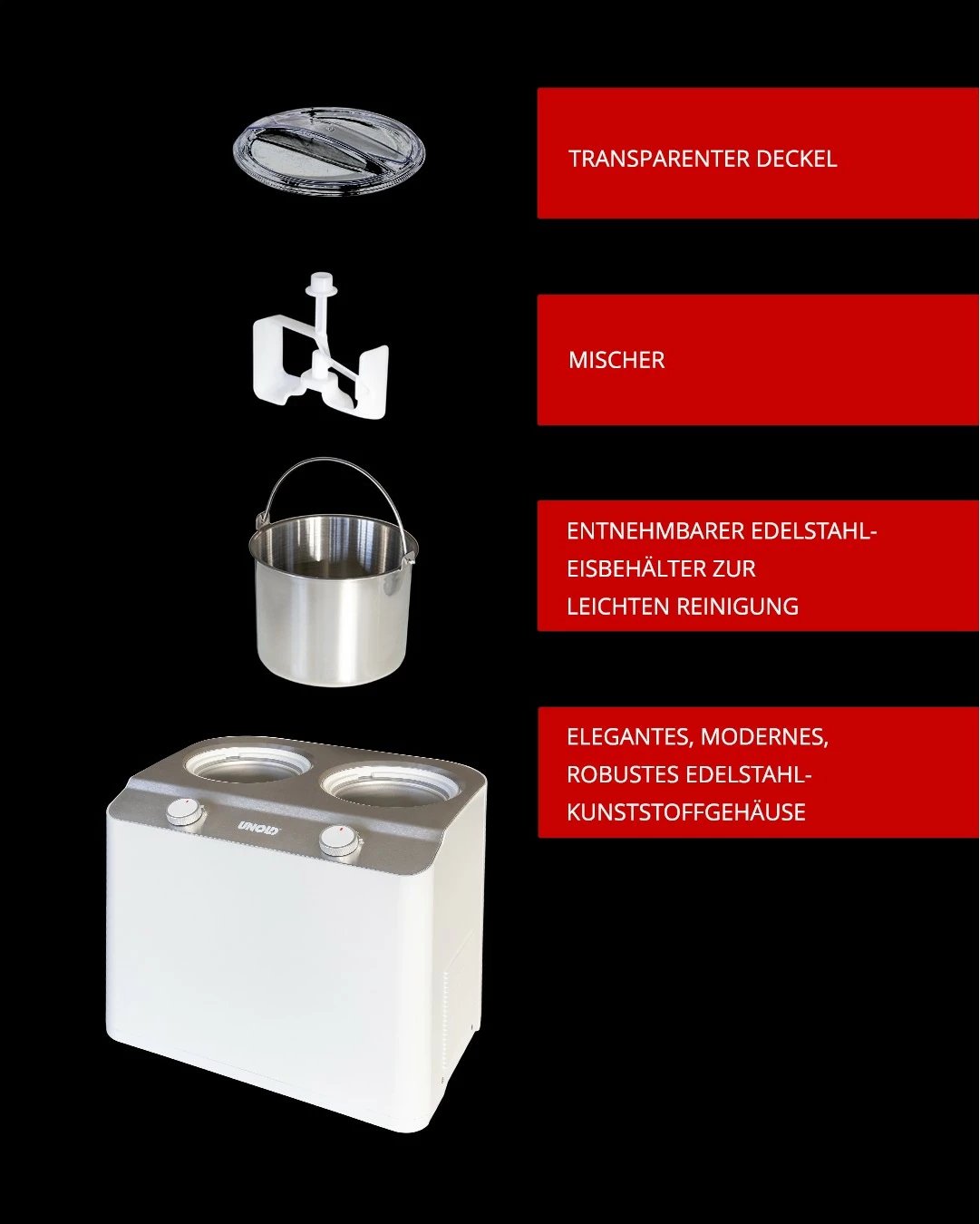 Makine akullore Unold Doppio, 2.4L, 2 tasa, kompresor, çelik inox, e bardhë