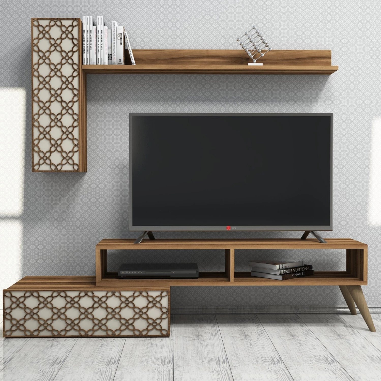 Set mobiljesh për TV, melaminë, ngjyrë arre dhe krem, FH9518.02, 150x37.2x37.8H cm