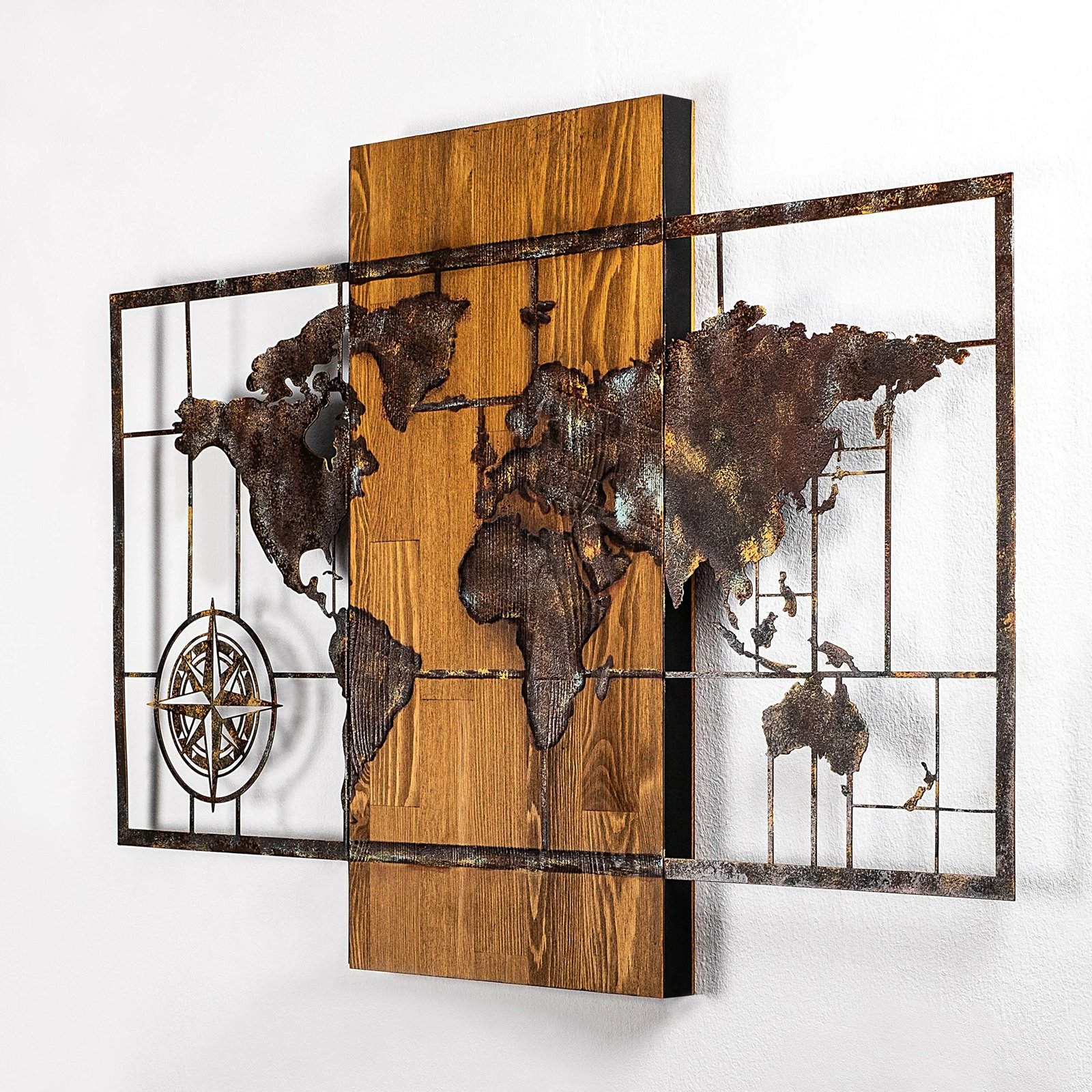 Aksesor dekorativ muri prej druri, hartë bote me busull, ngjyrë arre, 58x85cm