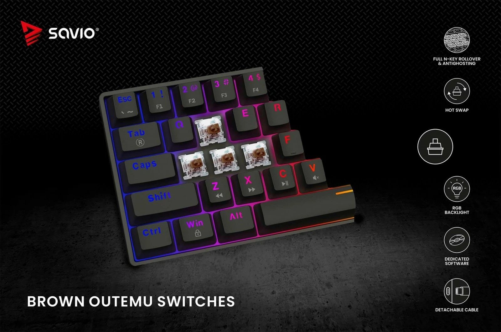 Tastierë mekanike Savio Blackout X2 OUTEMU Brown, 60%, ARGB, Hot Swap, e zezë Tastierë mekanike Savio Blackout X2 OUTEMU Brown, 60%, ARGB, Hot Swap, e zezë