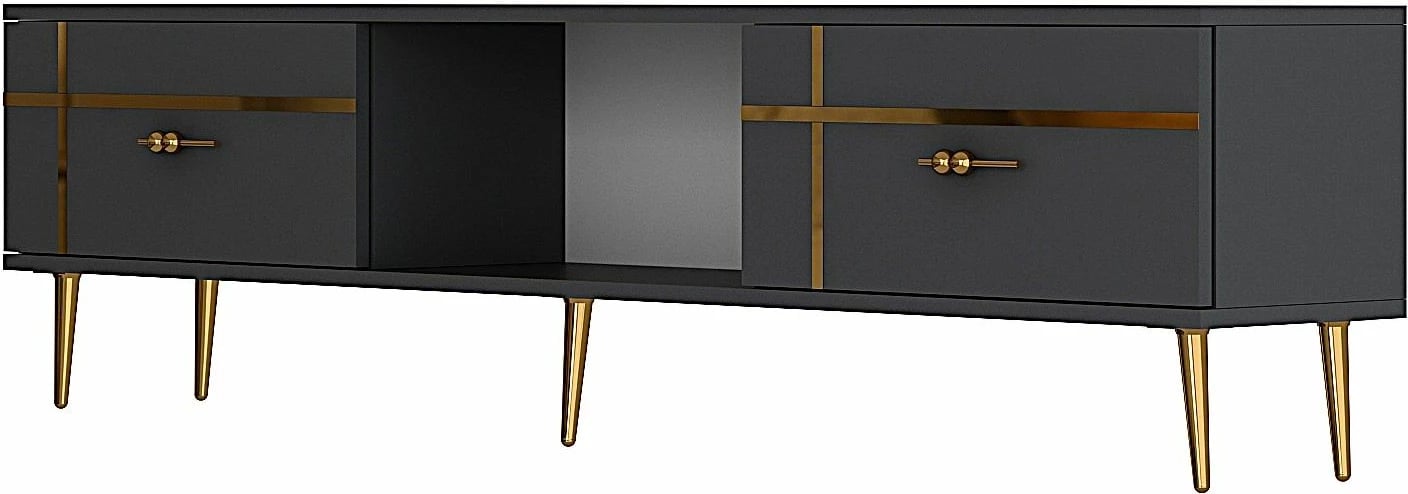 Komodë TV Skye Decor, ngjyrë antracit, detaje të arta