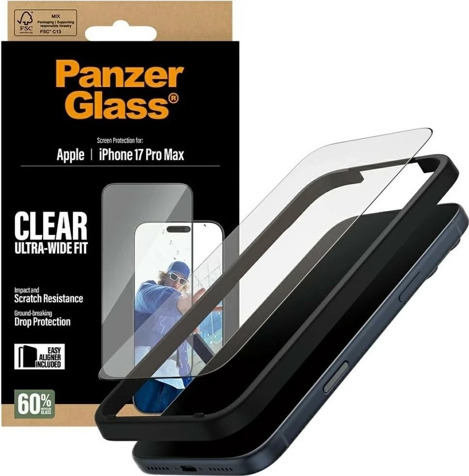 Mbështjellës xhami PanzerGlass Ultra-Wide Fit EasyAligner për iPhone 17 Pro Max transparent