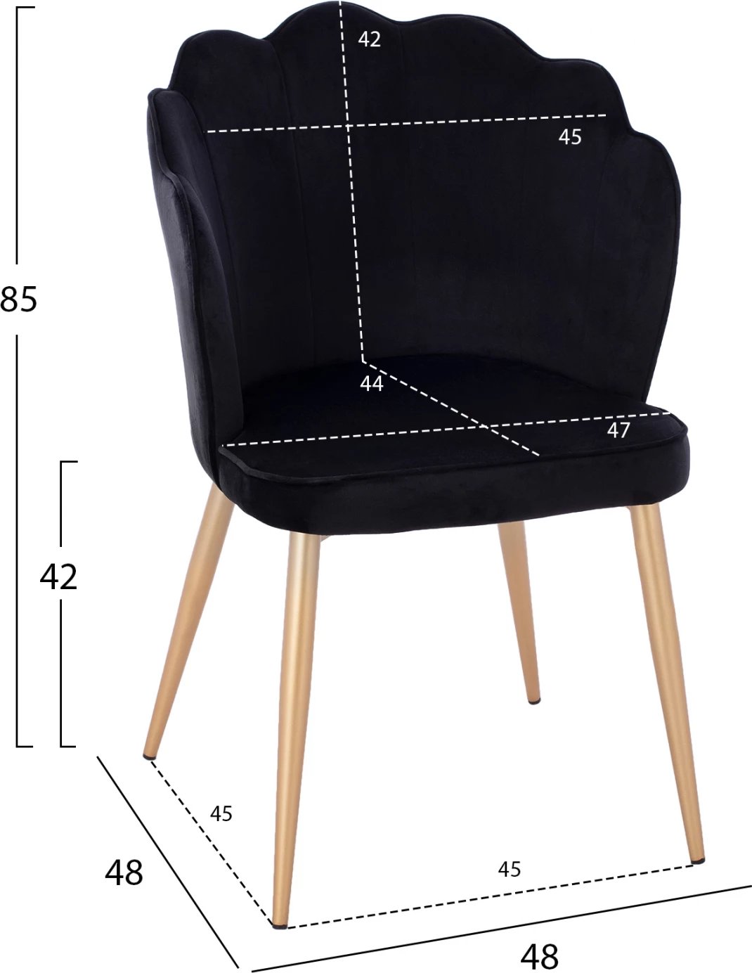 Karrige FH8737.04 kadife e zezë me kornizë metalike të artë 48x48x85 cm., set prej 2 copë