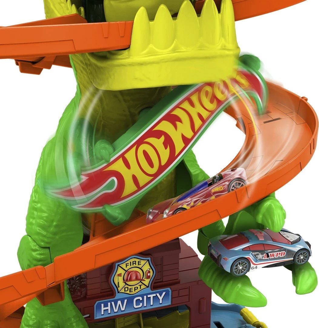 Set lodrash Hot Wheels City T-Rex Blaze Battle me veturë 1:64, shumëngjyrëshe