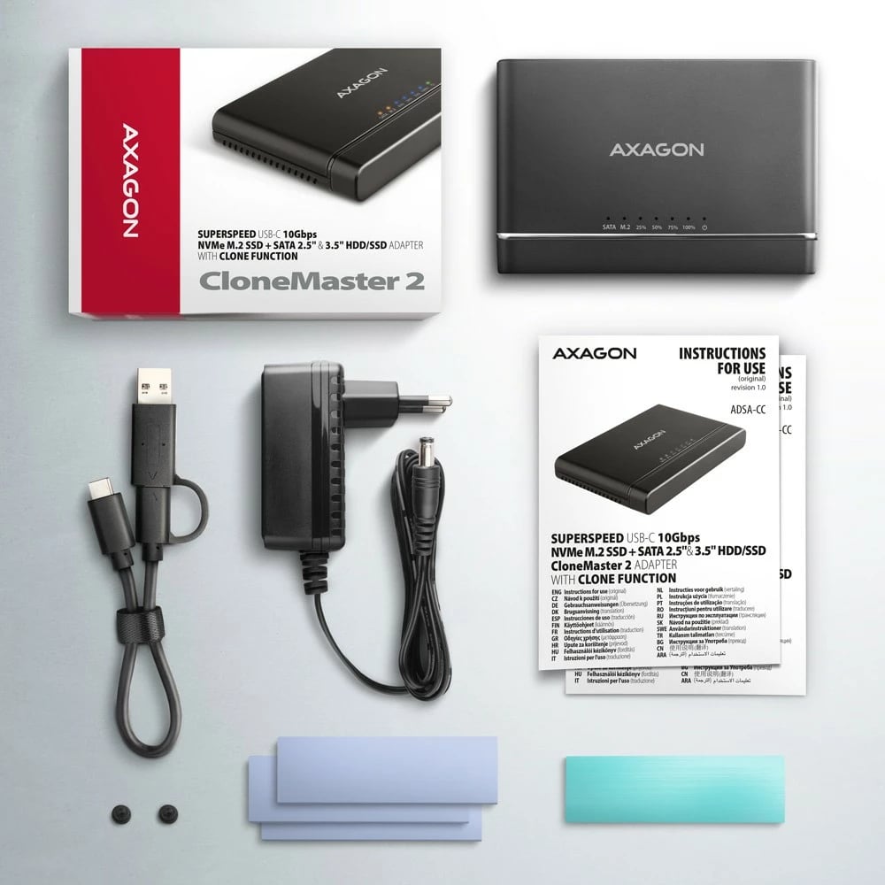 Adapter USB-C AXAGON ADSA-CC Clone Master 2, për NVMe M.2 dhe SSD/HDD 2.5"/3.5", i zi
