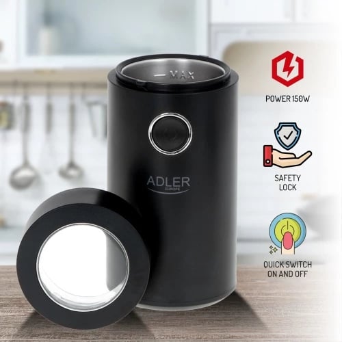 Mulli kafeje elektrik, Adler AD 4446, 150 W, kapacitet 75 g, kapak transparent, i zi/argjendtë