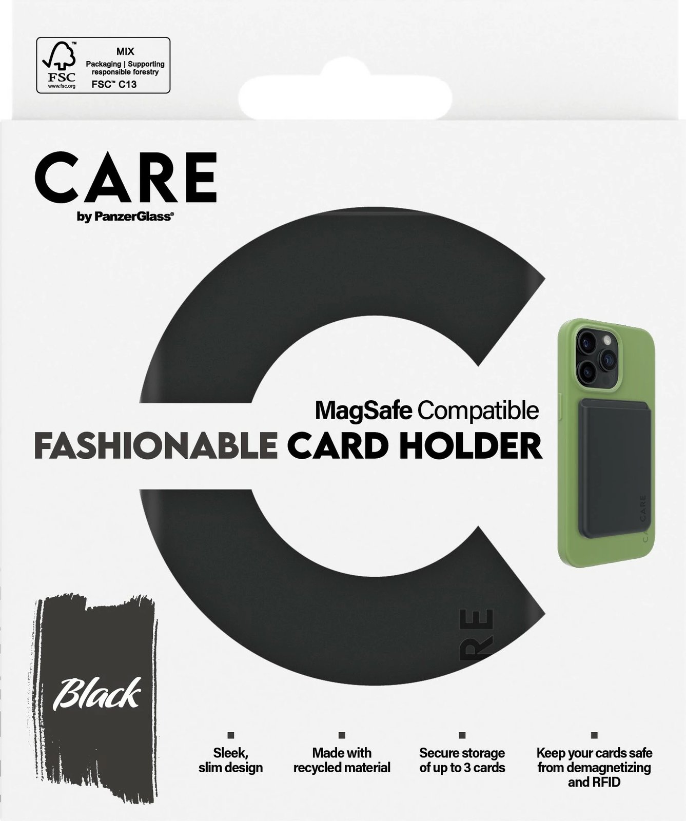 Mbështjellës kartash PanzerGlass CARE për iPhone, silikon, i zi