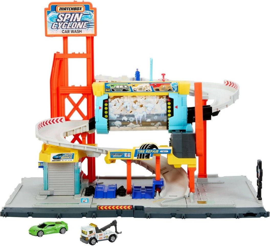 Set loje garazh Matchbox Turbo Cyclone Car Wash me 2 makina, shumëngjyrësh Set loje garazh Matchbox Turbo Cyclone Car Wash me 2 makina, shumëngjyrësh