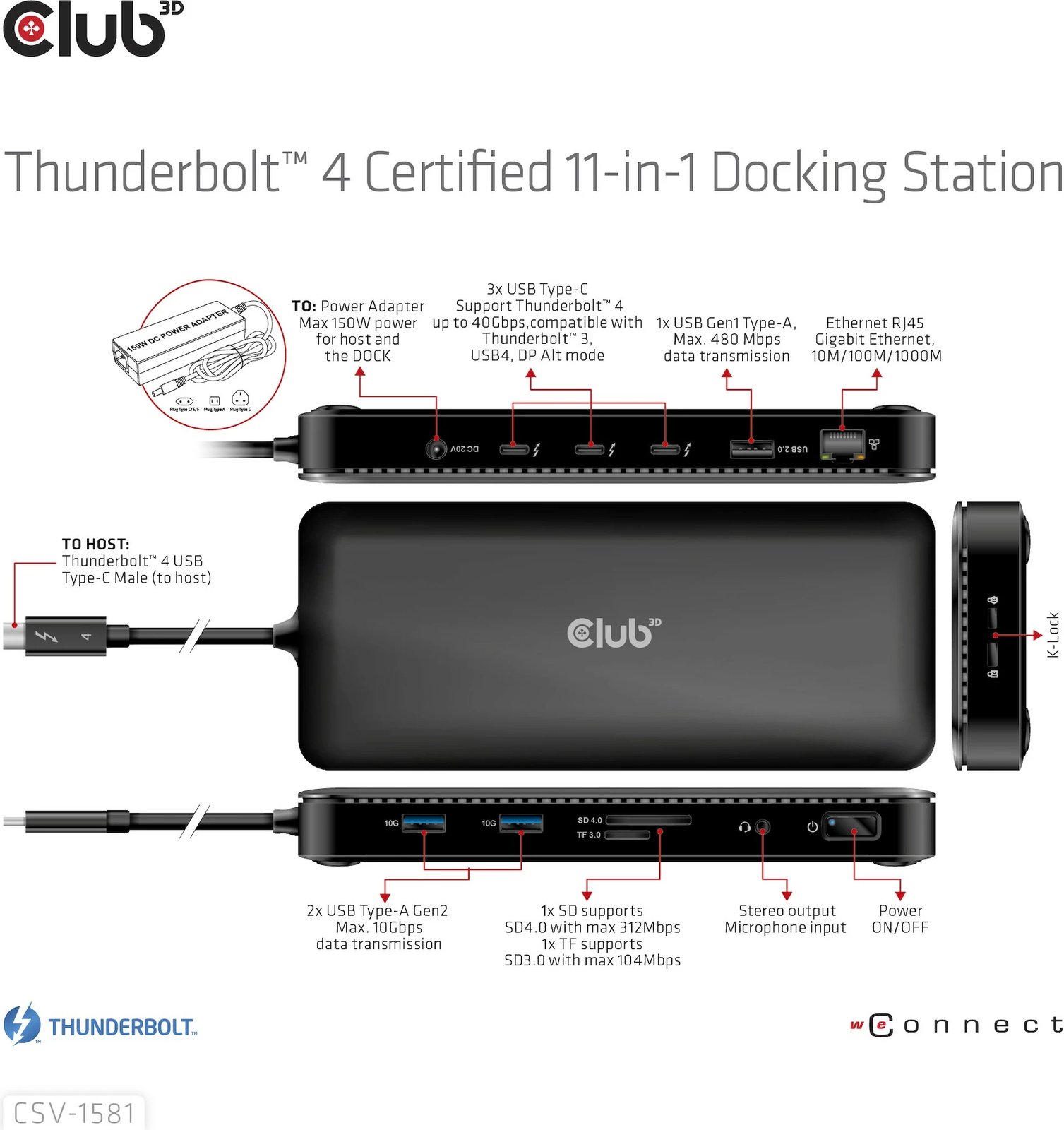 Docking station Club3D Thunderbolt4 11-in-1, 140W, i zi