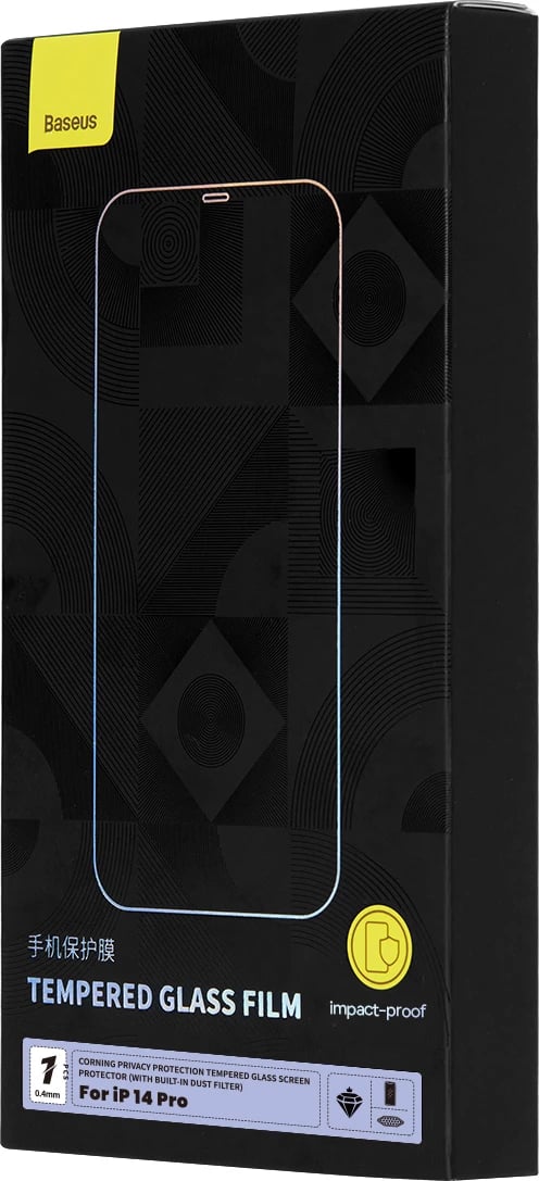 Xham i temperuar Baseus për iPhone 14 Pro, 0.4mm, Anti Spy, Set montimi, Transparent