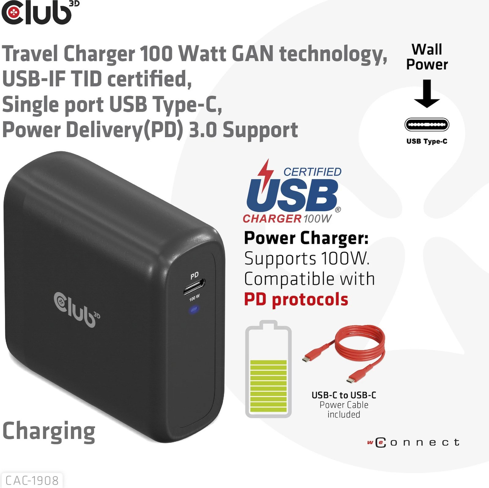 Karikues Club3D USB Type-C PD 100W, GaN, i zi