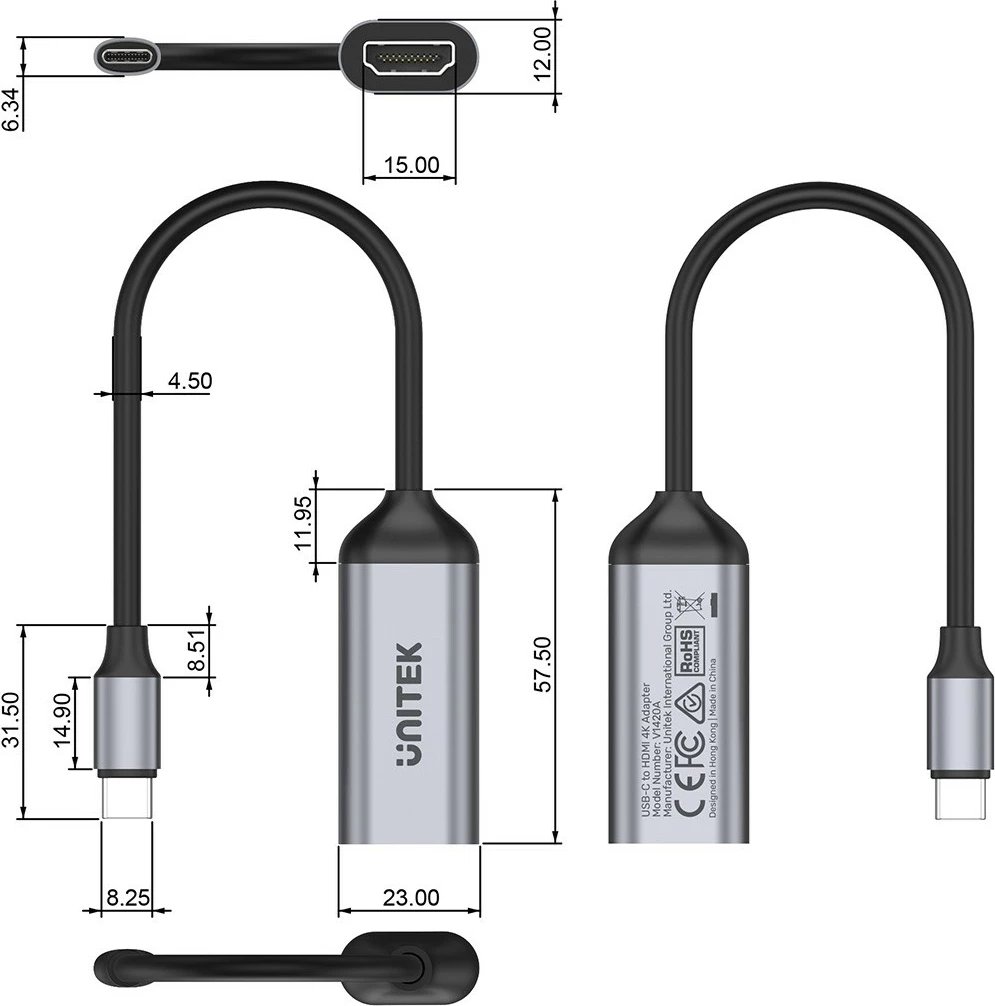 Adapter Unitek V1420A USB-C në HDMI 2.0, 4K 60Hz, Gri/Argjend