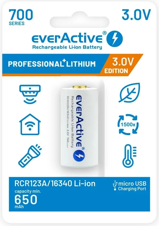 Bateri e rikarikueshme everActive 16340, 700 mAh, 3V, me Micro USB, një copë