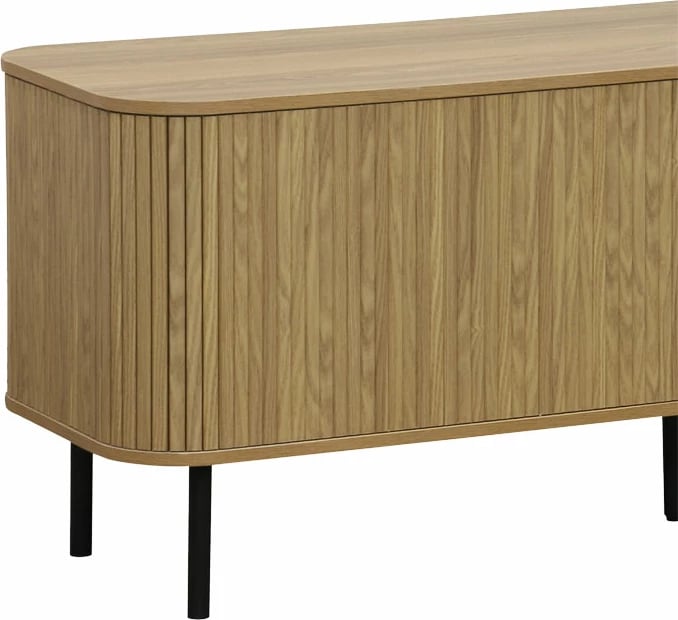 Komodë TV mesatare Scandi, ngjyrë natyrale, këmbë metalike të zeza, 150x45x57.5cm