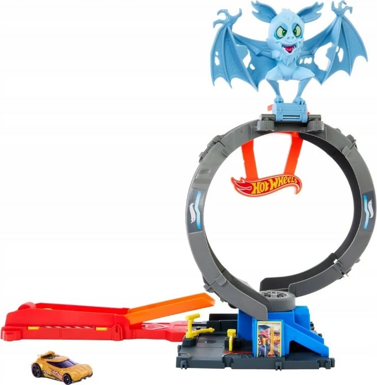 Set lodër Hot Wheels Bat Loop City, me makinë 1:64, shumëngjyrësh