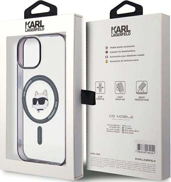 Mbështjellës Karl Lagerfeld KLHMP15MHCHNOTK për iPhone 15 Plus 6.7", transparent, MagSafe