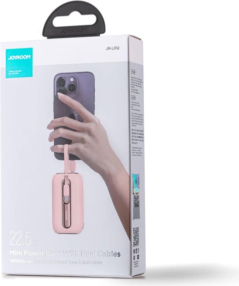 Powerbank Joyroom JR-L012, 10000mAh, 22.5W, me 2 kabllo të integruara USB-C dhe Lightning, Rozë