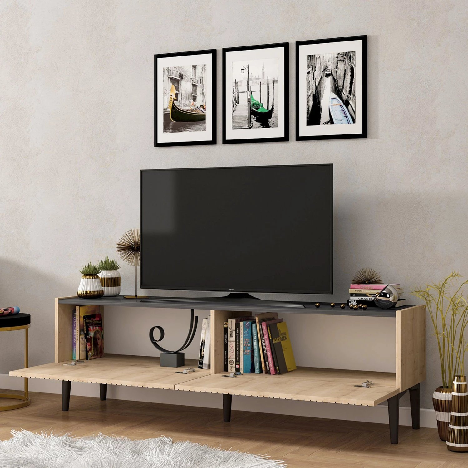 Mobilje TV melamin, ngjyrë natyrale dhe sipërfaqe mermeri të zi, 154x37x45Hcm, FH9435.01