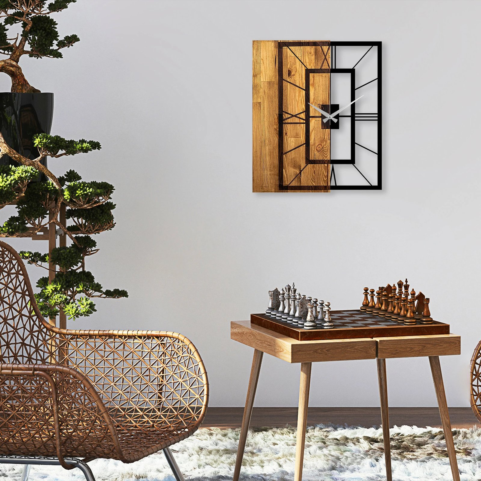 Orë muri dekorative prej druri, Wallity, ngjyrë arre e çelët dhe e zezë, 49x3x58cm