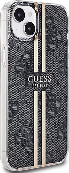 Mbështjellës Guess IML 4G Gold Stripe për iPhone 15 Plus / 14 Plus, i zi
