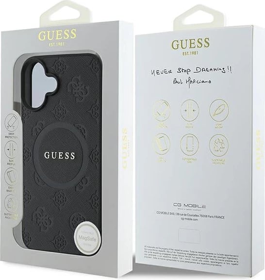 Mbështjellës Guess Saffiano Peony Classic Logo MagSafe për iPhone 16, i zi Mbështjellës Guess Saffiano Peony Classic Logo MagSafe për iPhone 16, i zi