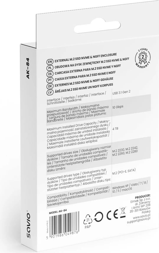 Kasë e jashtme për M.2 SSD, Savio, AK-84, NVMe & SATA (NGFF), USB 3.1 Gen 2 10 Gb/s, formate 2230/2242/2260/2280, e zezë