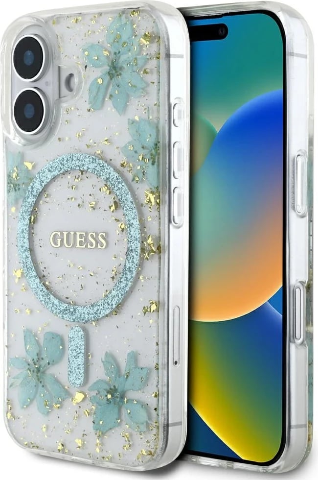 Mbështjellës Guess Resin Flowers Glitter MagSafe për iPhone 16, Transparent, Gjelbër