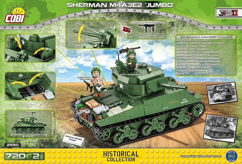 Set blloqe ndërtimi Cobi Sherman M4A3E2 Jumbo, 720 pjesë, me 2 figura, Jeshile Set blloqe ndërtimi Cobi Sherman M4A3E2 Jumbo, 720 pjesë, me 2 figura, Jeshile