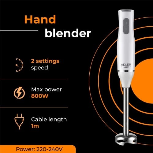 Blender dore, Adler AD 4620, 800W, 2 shpejtësi, teh/këmbë çelik inox, bardhë, set Blender dore, Adler AD 4620, 800W, 2 shpejtësi, teh/këmbë çelik inox, bardhë, set