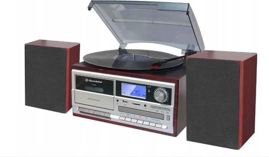 Gramafon Hi-Fi, Roadstar HIF-8892EBT, Bluetooth, CD/MP3, kasetofon, radio FM, USB/microSD, 33/45/78 RPM, Cherry, set me 2 altoparlantë