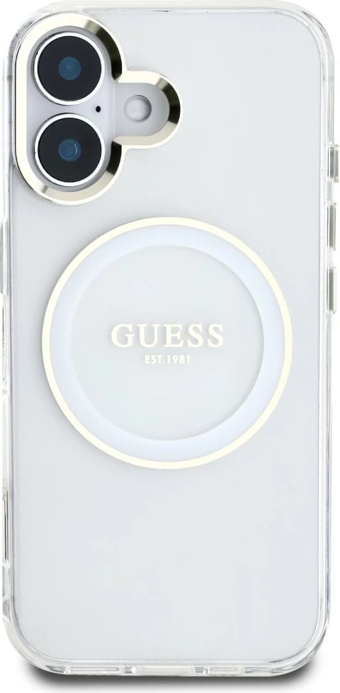 Mbështjellës Guess IML Metal Colored Circle Classic Logo MagSafe për iPhone 16, Bardhë