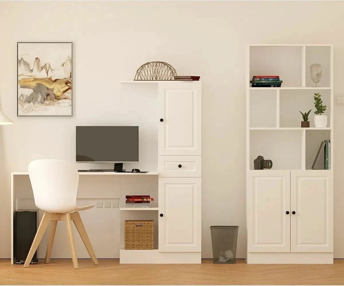 Set tavoline studimi me raft librash, ngjyrë e bardhë mat, Skye Decor, Rb1000401557