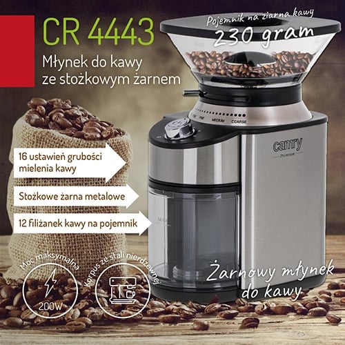Mulli kafeje me burr konik, Camry CR 4443, 200 W, 16 nivele bluarjeje, kontejner 230 g, çelik inox, argjend/zi Mulli kafeje me burr konik, Camry CR 4443, 200 W, 16 nivele bluarjeje, kontejner 230 g, çelik inox, argjend/zi