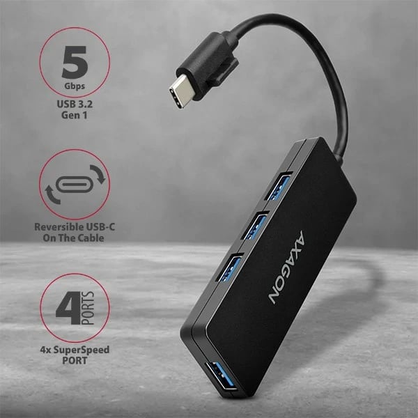 Hub USB AXAGON HUE-G1C, 4 porta, USB 3.2 Gen 1, kabllo Type-C 14cm, Zi