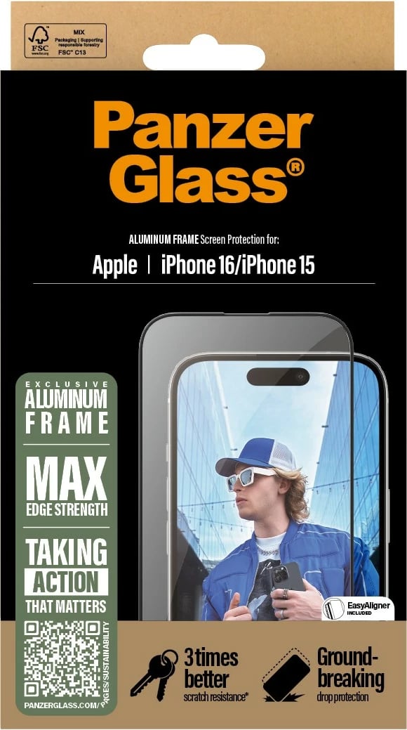 Mbrojtëse ekrani PanzerGlass për iPhone 16/15, kornizë alumini, 6.1 inch