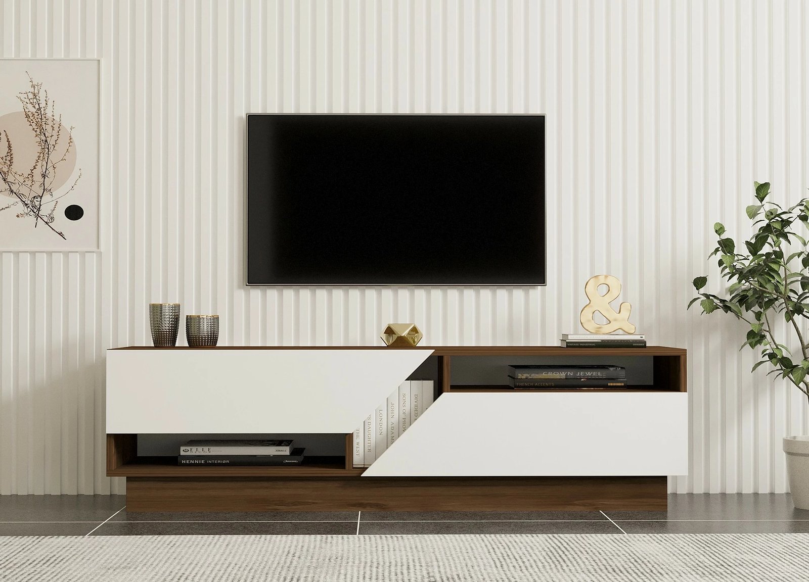 Komodë TV Hanah Home, Koza, ngjyrë arrë dhe e bardhë