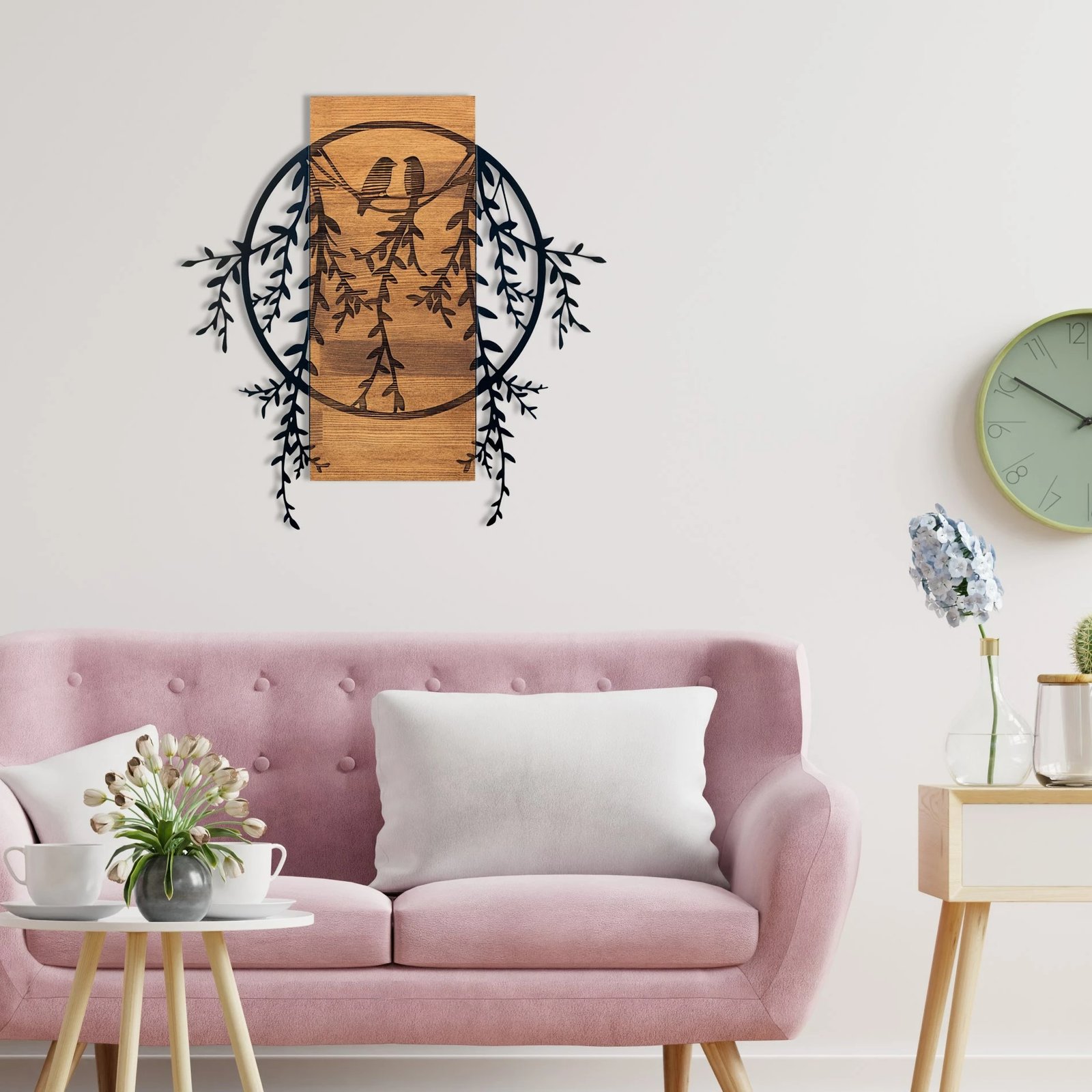 Aksesor dekorativ për mur, dru dhe metal, zogj të dashuruar, Wallity