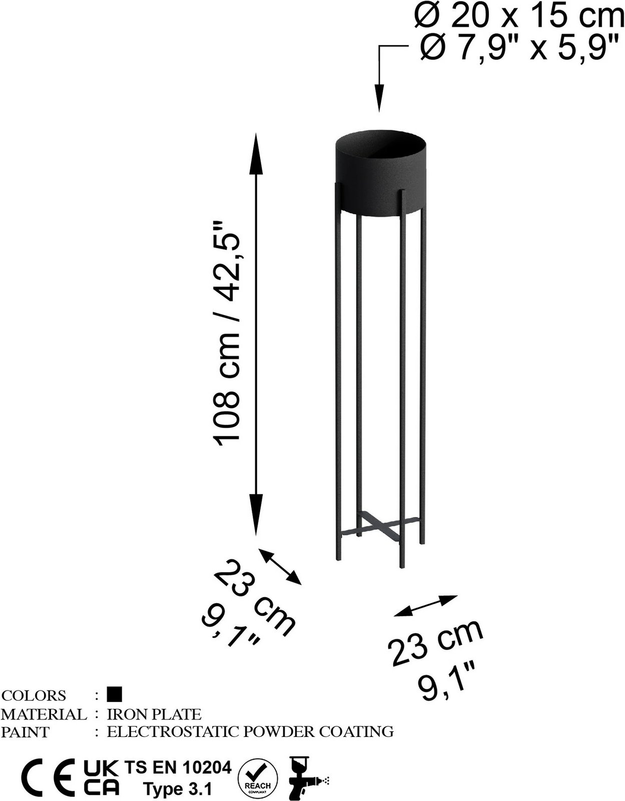 Vazo dekorative Aberto Design, GED-024, metal i zi, 23x108x23cm