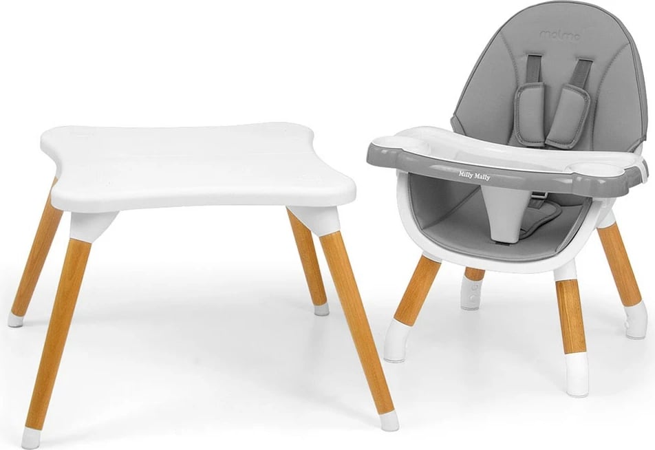 Karrige ngrënie 2‑në‑1 për fëmijë, Milly Mally, Malmo, konvertim karrige e lartë/karrige e ulët + tavolinë, rrip 5‑pikësh, tabaka e heqshme, dru ahu, eco‑lëkurë, gri