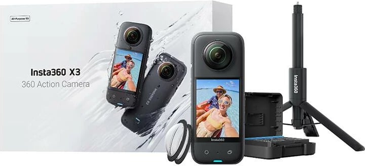 Kamerë aksion Insta360 X3 All-Purpose Kit, 360°, 5.7K, set me selfie stick, bateri rezervë, e zezë