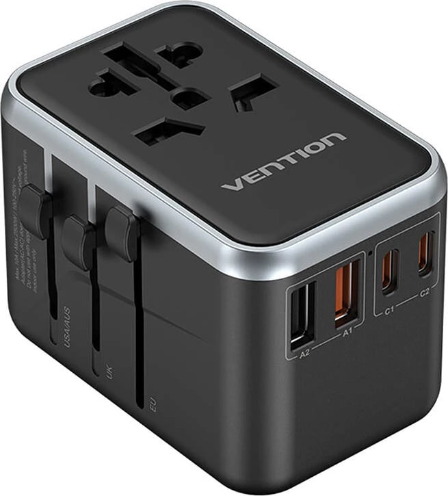 Adapter universal udhëtimi Vention FJFB0, 2x USB-C, 2x USB-A, 65W, zi