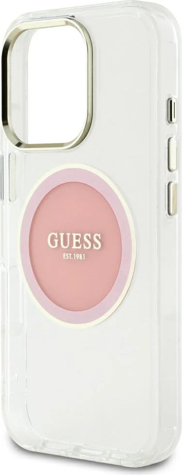 Mbështjellës Guess IML Metal Colored Circle Classic Logo MagSafe për iPhone 16 Pro Max, rozë