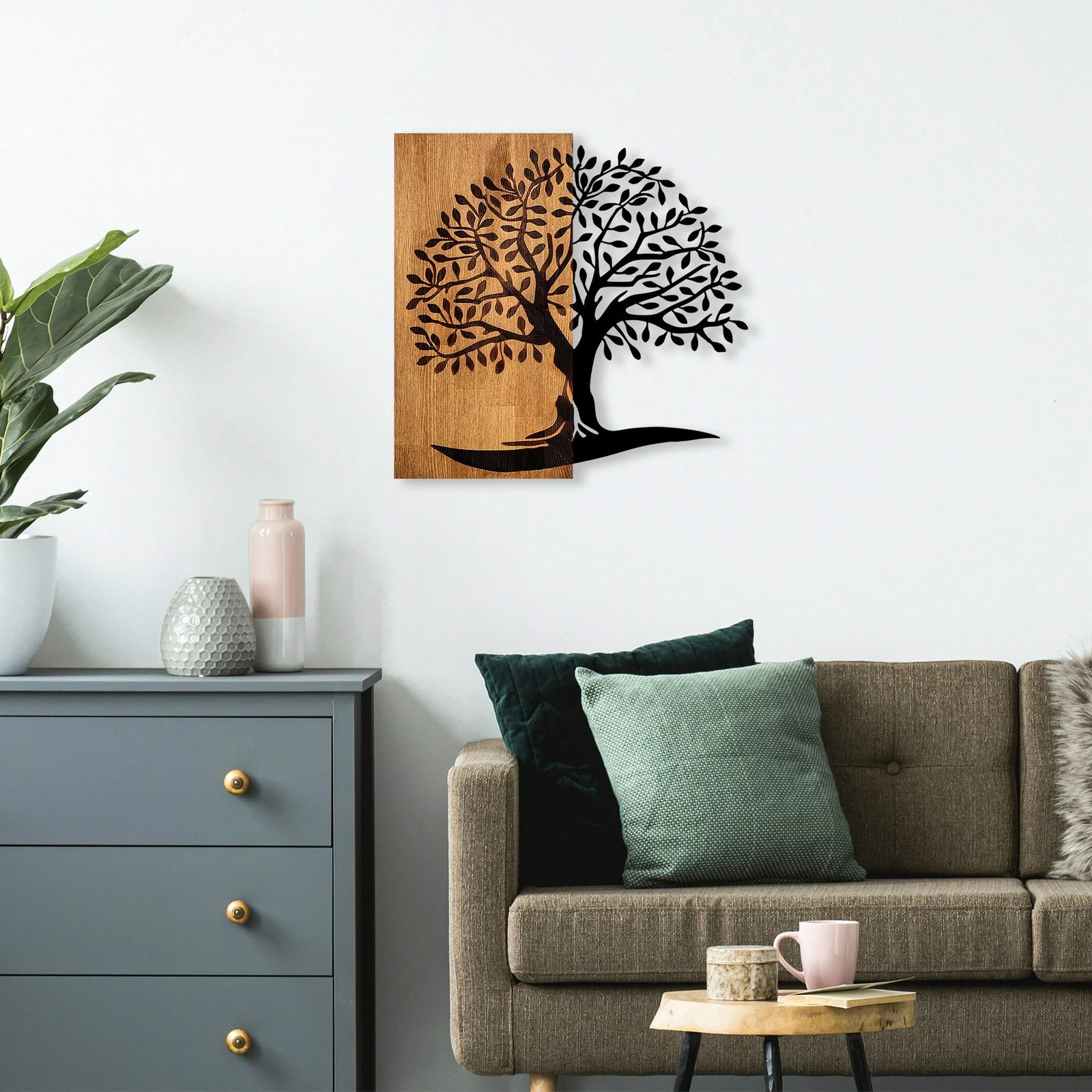 Aksesori dekorativ për mur, dru, Monumental Tree - 374, ngjyrë arre dhe e zezë, 58x58cm