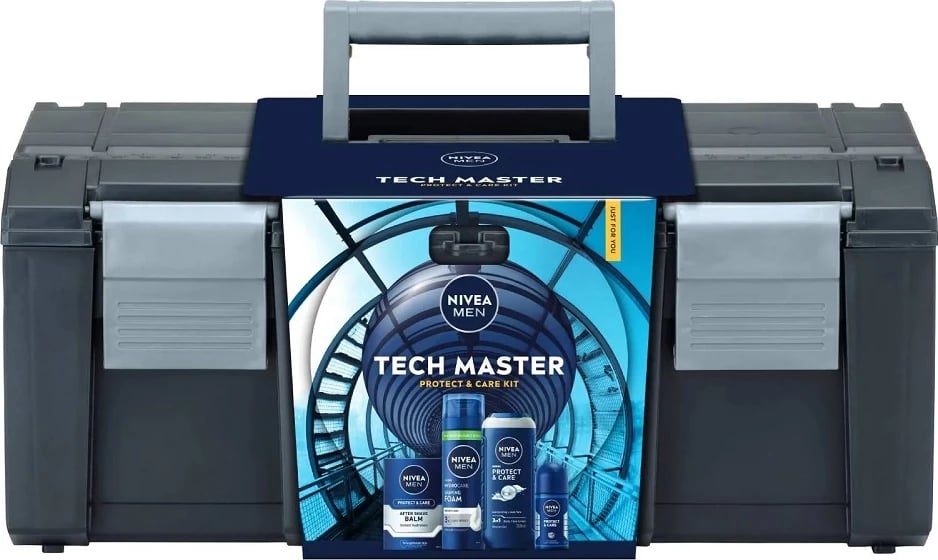 Set kozmetike për meshkuj Nivea Tech Master xhel dushi 3-në-1 250ml, shkumë rroje 200ml, balsam pas rrojes 100ml, roll-on antiperspirant 50ml