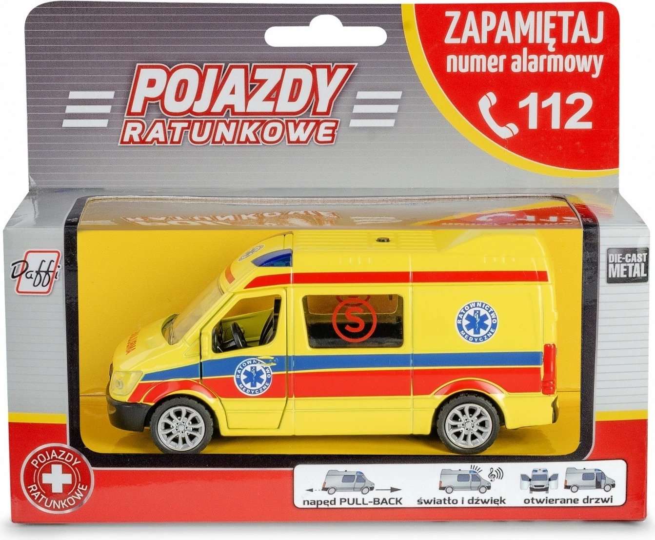 Ambulancë lodër Daffi B-433, metal dhe plastikë, me drita dhe zë, e verdhë