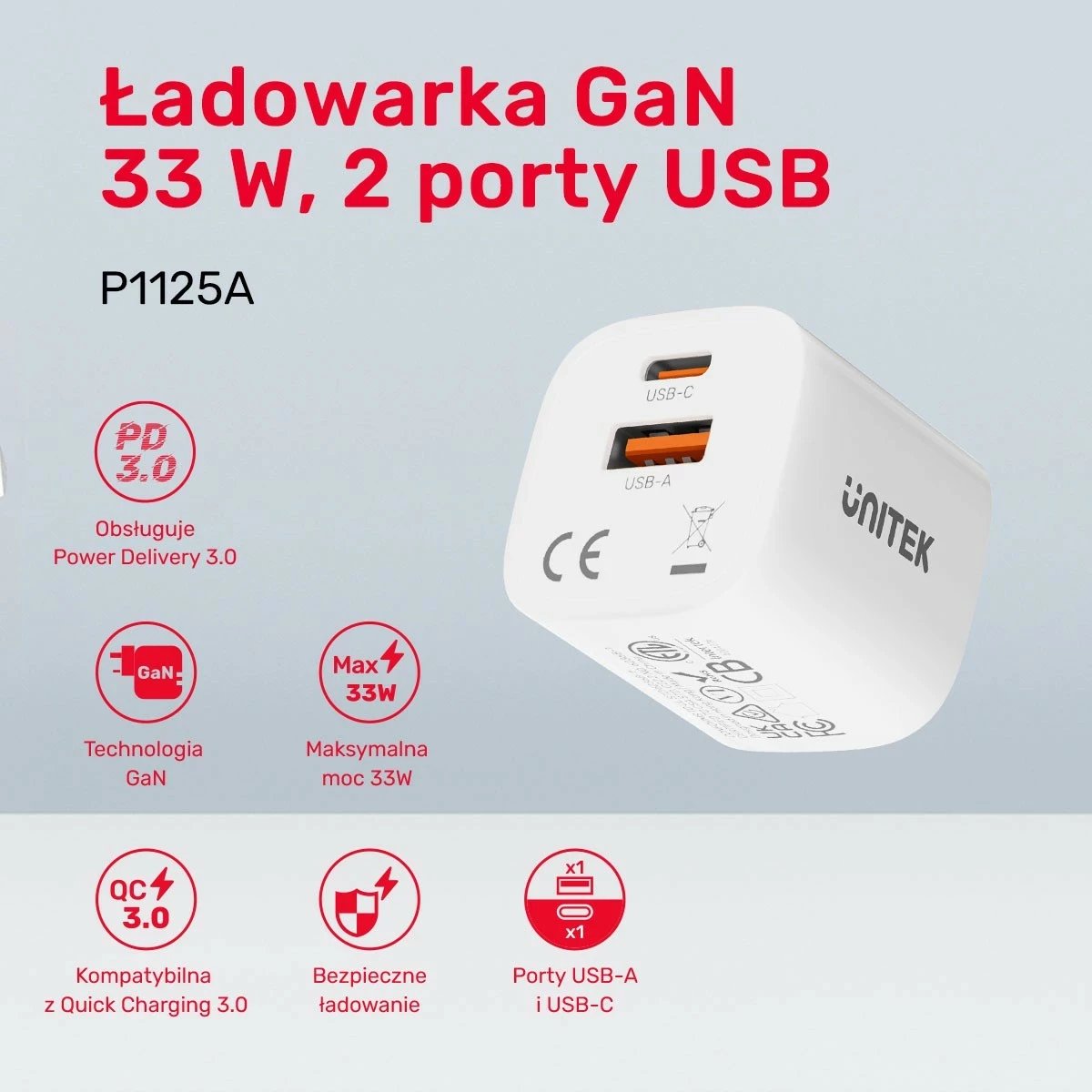 Karikues rrjeti Unitek, 1x USB-A 1x USB-C QC 33W, bardhë