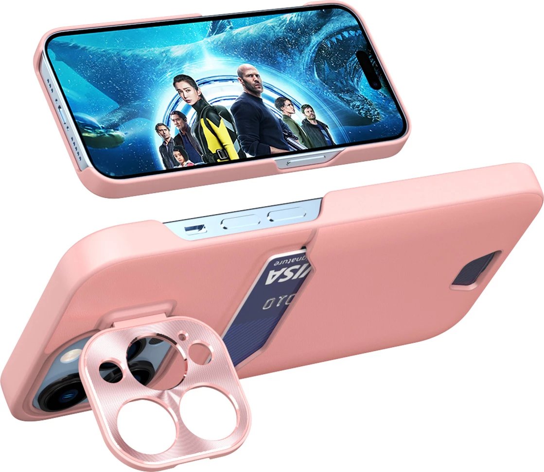 Mbështjellës Hurtel Leather Stand Case për iPhone 14, me xhep për kartela dhe mbajtëse, Rozë